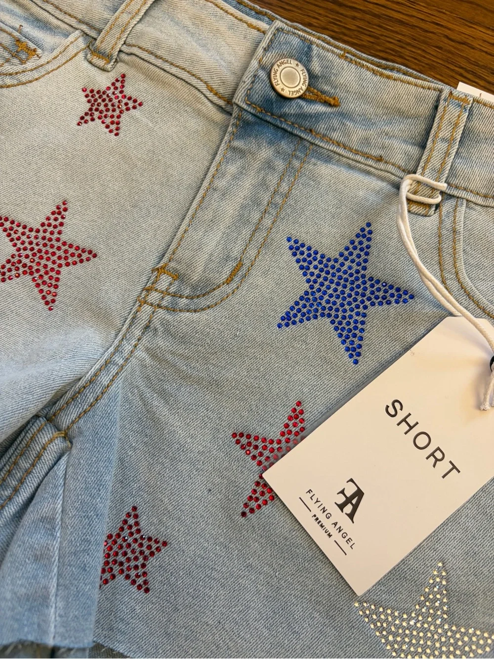 Flying Angel Girls Denim Shorts with Rhinestone Star Accents, Size 14